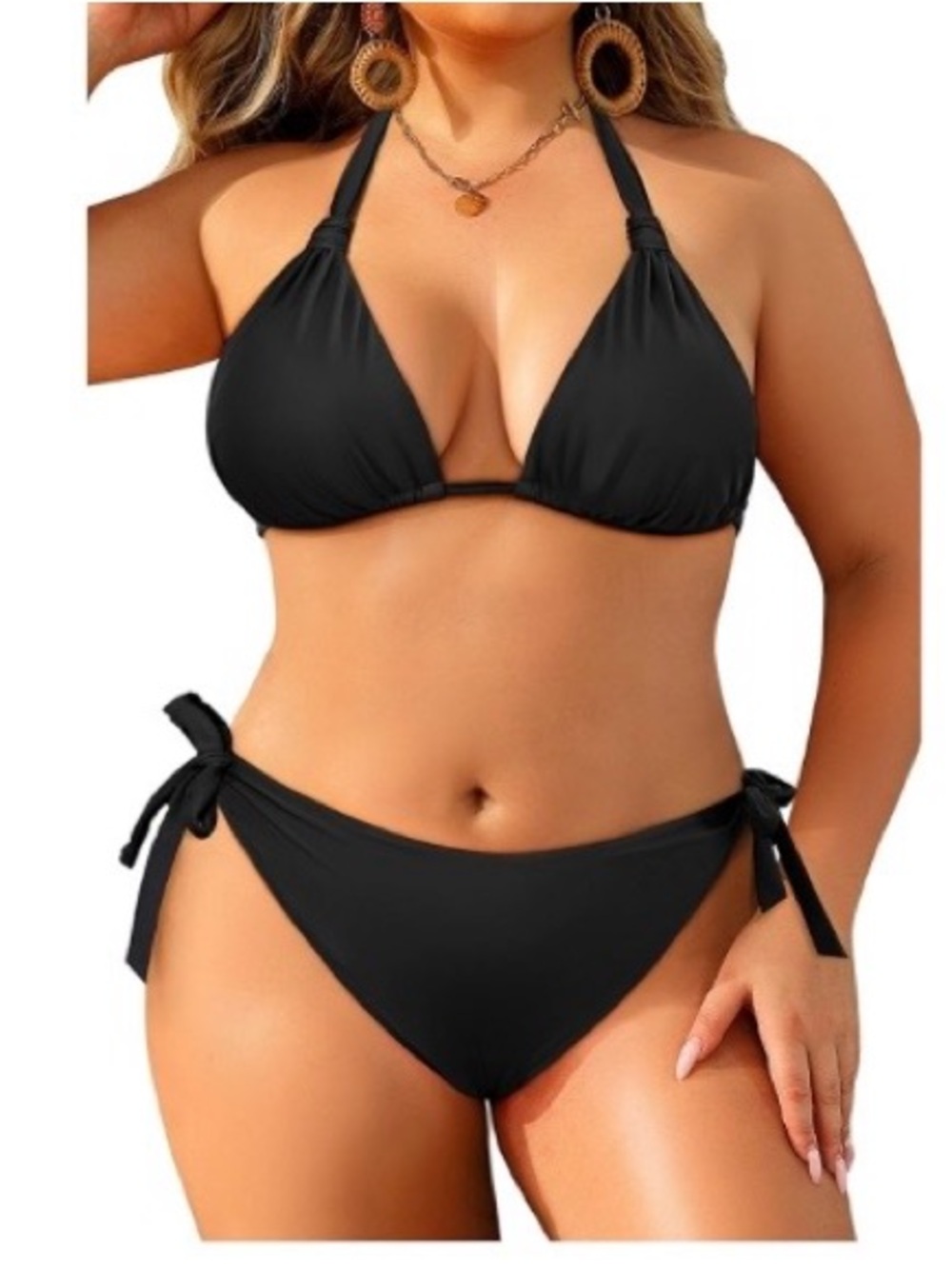 Plus Size Black Tie-Side Bikini Set - Women Swim